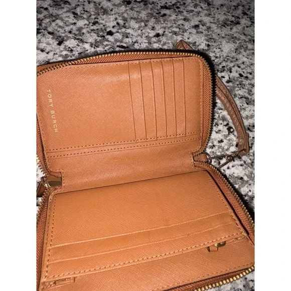 Tory Burch Leather Wallet Wristlet Tan Brown Zip Around Clutch Logo Pouch - Picture 9 of 12